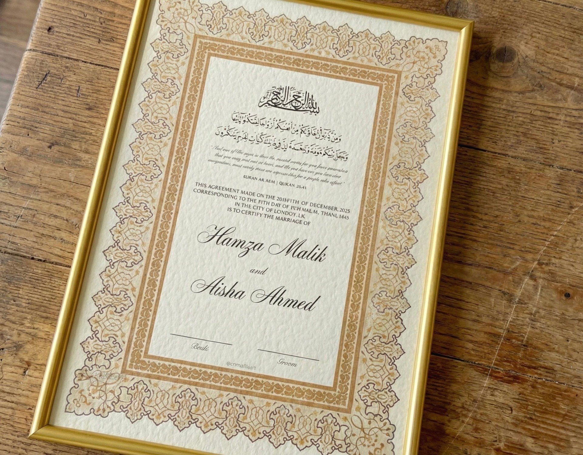 Luxurious hand-painted nikkah certificate with gold arabesque patterns
